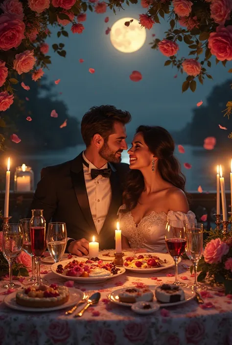 a beautiful lady with his handsome husband with candlelight dinner, so many roses and different colors Shakespeare's and flowers moonlights night,  foods,sweet,fruit, glasses, a beautiful place