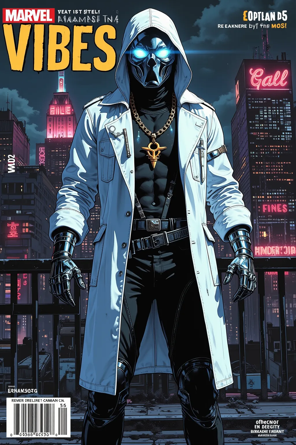 A hyper-realistic **magazine cover illustration** featuring **Moon Knight**, reimagined as a high-fashion street vigilante, on the cover of **Marvel Vibes Magazine**. He stands in a **moody, moonlit rooftop setting**, the glow of Gotham-style neon signs re...