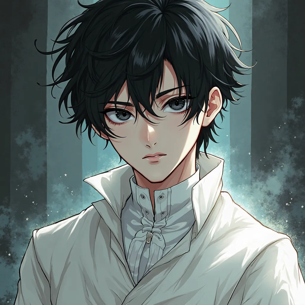 "A male character with thick, bold outlines, giving off a complex villain vibe similar to Johan Liebert. He has messy black hair and deep, piercing black eyes that exude an unsettling calmness. His expression is a charismatic yet eerie smile, subtly maskin...