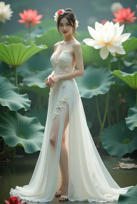 a woman in an elegant, flowing white gown adorned with floral designs. She is standing in a serene environment surrounded by large lotus flowers in various colors, including white and red, along with broad green leaves. The setting resembles a tranquil gar...