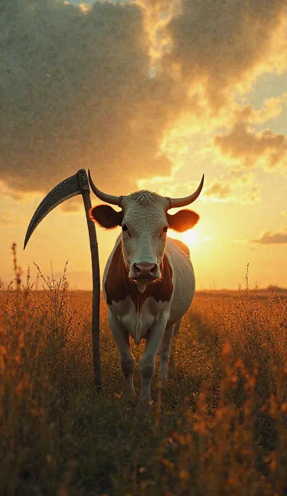 Surreal cow with scythe, agricultural field, rows of crops, golden sunlight, dramatic sky, photorealistic, hyper-detailed, cinematic lighting, ominous atmosphere, digital art, apocalyptic farmland, symbolism, wide-angle view, vibrant colors, dream-like qua...