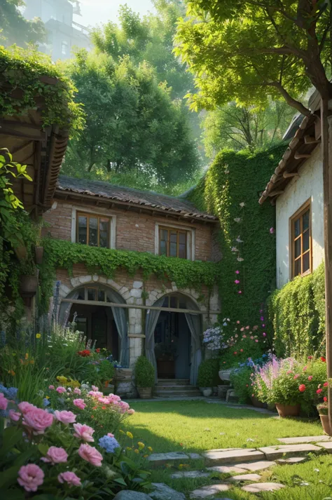 ( Highly Detailed CG Unity 8K Wallpaper ,   masterpiece,  top quality,  Ultra High Definition), (  Best lighting,  Best Shadow,  very delicate and beautiful ), Flower Garden, Lush greenery, Sunlight Shines In,  Deep Compositing ,   Warm and Cozy Atmosphere...