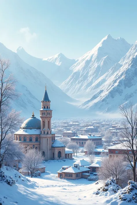 eruzurum in turkey includes SMALL mosque on side, buildings, an university and blue colors in winter everywhere is blue and white and mountain are behind of city. draw like it is a motif