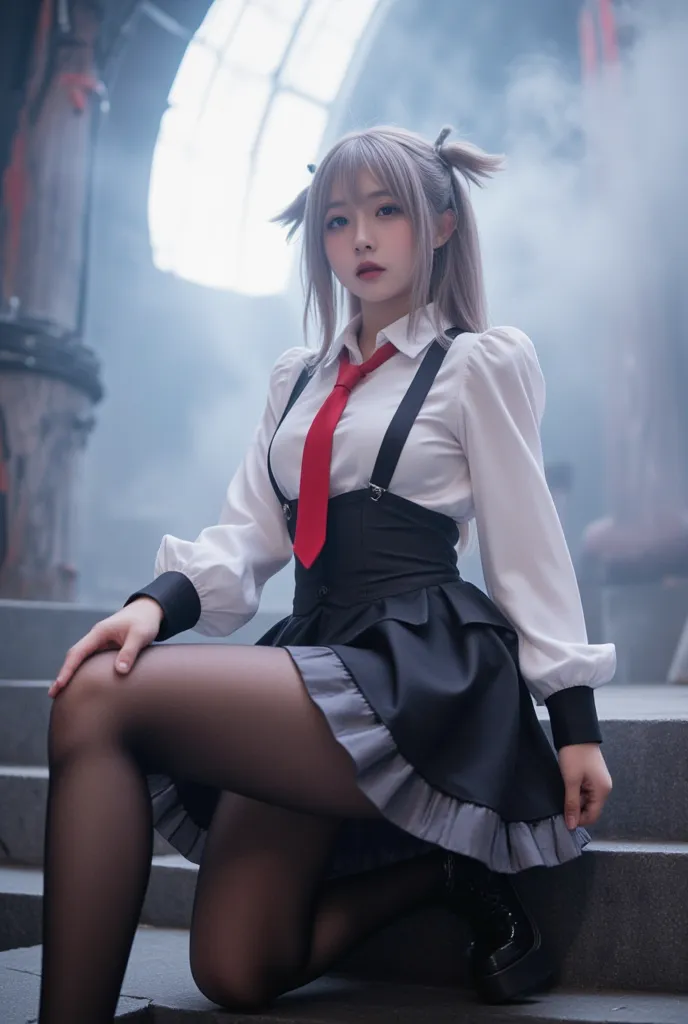 A seductive and realistic portrayal of a 20-year-old Japanese gyaru, exquisitely beautiful, sitting sideways with a gracefully arched back, gazing alluringly from a low-angle perspective. She has a small and delicate face, an eight-heads-tall, well-proport...