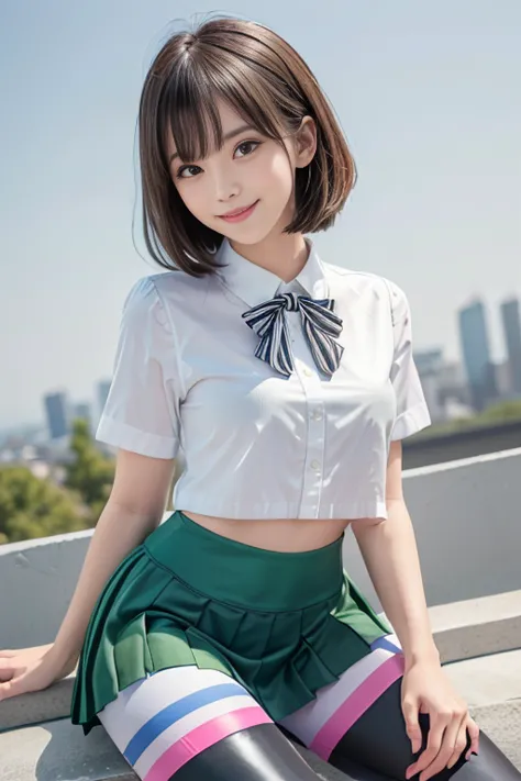  2 girls,    (white blouse)、(Pleated White Micro Mini Skirt Uniform),bangs,smile, (  thighs) , Video Viewer, (  low angle:1.2),( horizontal striped colored leggings under the skirt :1.3), ((Rubber Green Horizontal Striped Leggings)),(short knee-length legg...