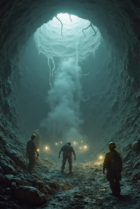 uranium mine in the ground, in the ground, under the miners' feet a large, blown hole, miners around the hole, miners lean over the hole, they shine into the hole with their hand lamps , a dense fog gathers in the hole, tentacles stretch out from the fog t...