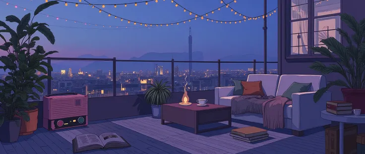 Rooftop at night、nighttime scene、outside of house、with no people、Calm and meditative atmosphere、houseplant、Lo-fi atmosphere、String Light、Cozy sofa、Pink radio with retro design、Hot coffee on the coffee table、Warm blanket、 books、There is an acoustic guitar、