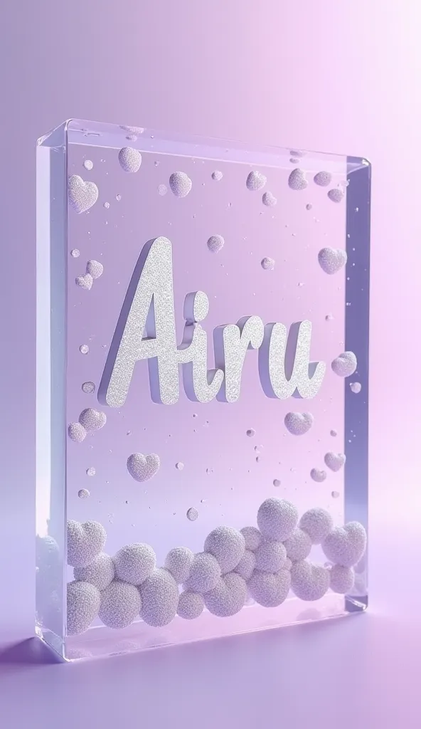 A transparent sign with “Airu” written in a smaller font. The sign is shining and beautiful, with a great design. The background has a dot pattern with glittering details, hearts, and a pastel white color scheme. The overall background is light purple.