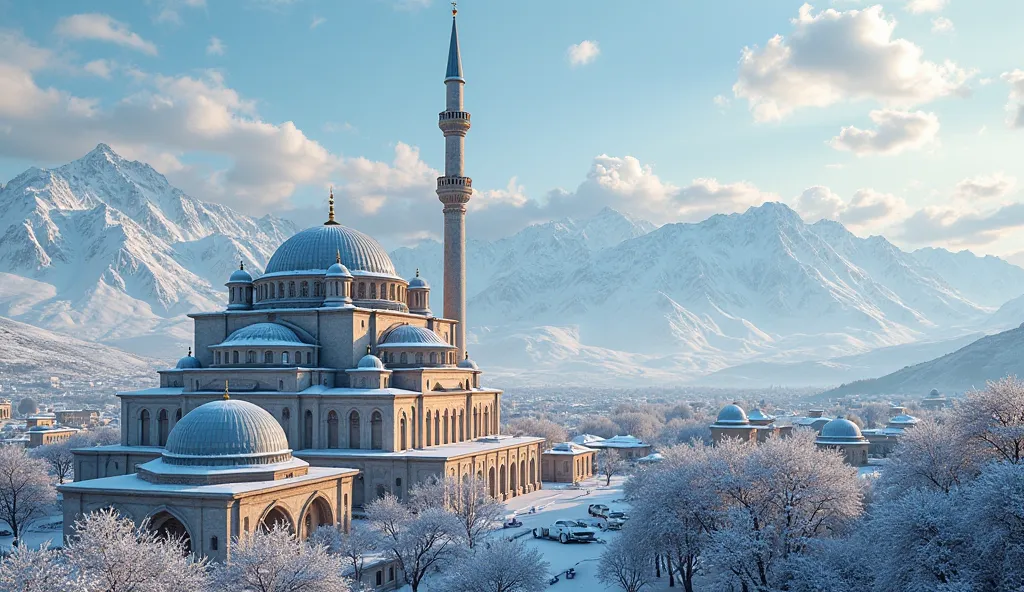 eruzurum in turkey includes mosque, buildings, an university and blue colors in winter everywhere is blue and white and mountain are behind of city. draw like it is a motif