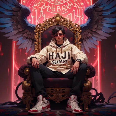 4D Realistic Photo, 20 year old guy, middle part hair, wearing sunglasses, wearing a cream colored hoodie with Indonesian batik motif and the front says "HAJI SLAMET", wearing Jordan shoes white, red, sitting on the king's chair, gold, red, blue, pink glow...