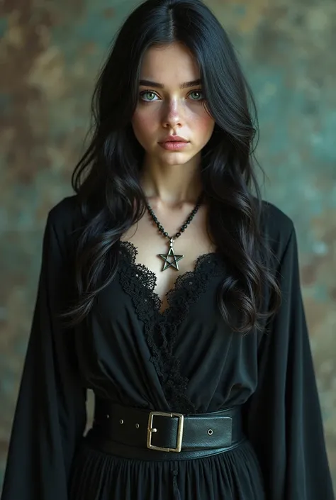 
hyperrealistic solo image , Beautiful girl standing, full body, Wicca witch, Elemental Magic. **-****-***********r, personagem da saga Harry Potter , Smooth fire-black hair with two white highlights highlighted at the front. blue-green eyes , Eyes with bl...