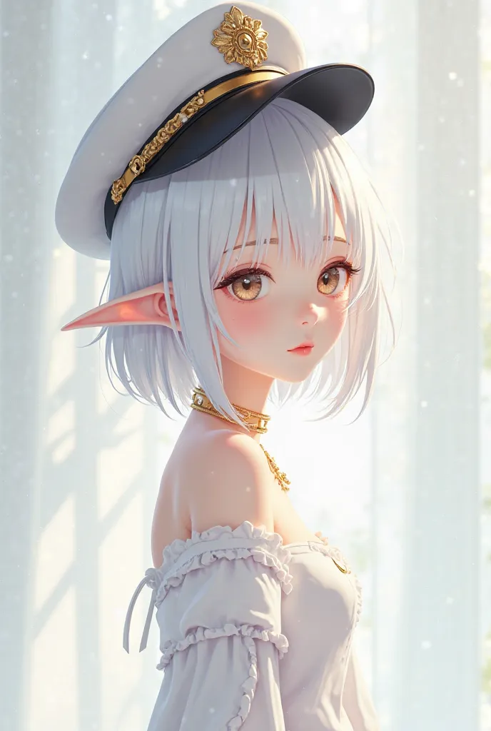 Anime girl with short white hair,  Top blanco, white captain's hat with chains tilted forward and white rabbit back ears, and white arm warmers

