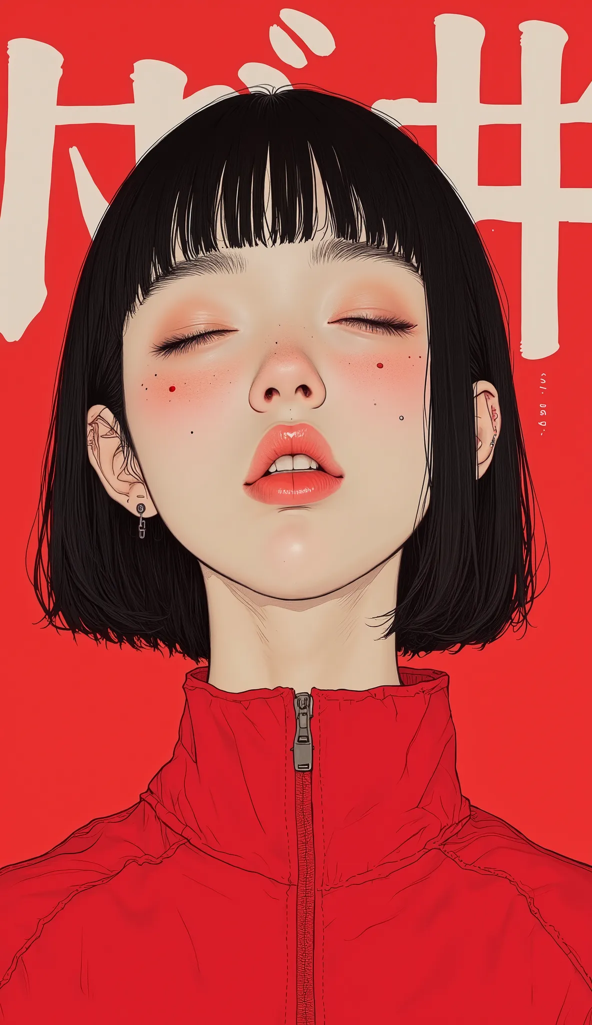 teeth、wearing a red stadium jumper with her eyes closed、Black Hair Short Hair、full bangs、Minimalistic painting by Yoshitomo Nara, Tumbler, それteeth何ですか？, Nara Yoshitomo, shinsui ito, sui ishida, kaoru mori,  Yaoi Kasuma , Kurumada Masami, Rinko Kawaichi, Ak...