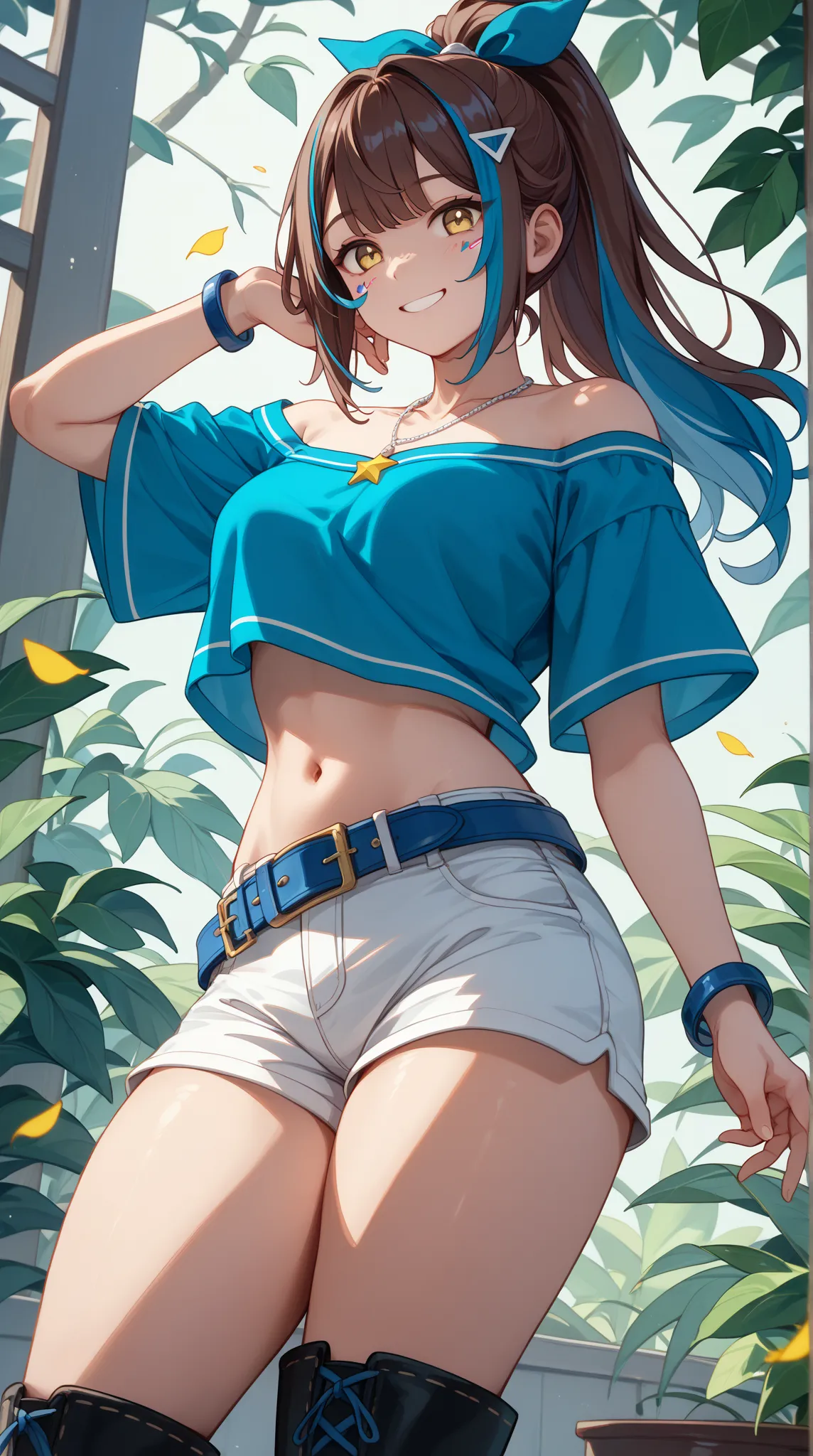 1 girl、Red dark brown hair、((blue streaked hair)), (blue highlights hair)、 star-shaped hairpin with bangs split to the right、 gal、((blue off-the-shoulder shirt))、(( White Hot Pants))、((white shorts))、square necklace、Fluorescent light blue ribbon ring on ri...