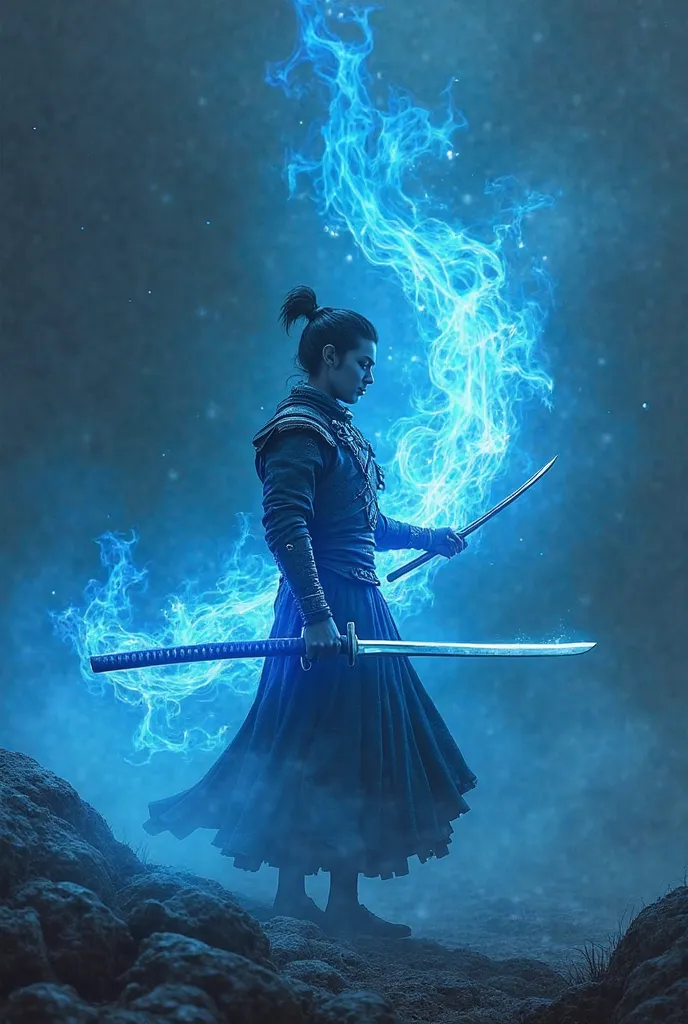 A blue flaming katana