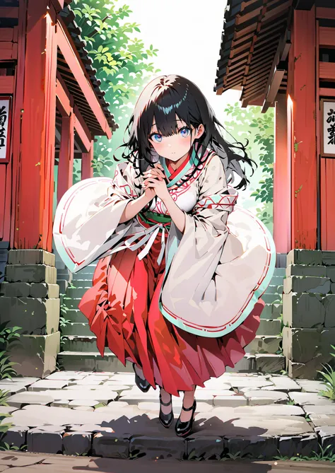 It's because of Rikkata, black hair, blue eyes, long hair, Orange Scrunch , scrunchie , List Scrunch, shrine maiden costume, white kimono ,Red Hakama,I'm cleaning the stairs with a bamboo broom with both hands,noon,full bodyがillustrationsに入るように, ...