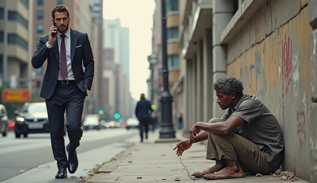 "on a busy street in a modern city, a very handsome and well-dressed man in an elegant suit walks quickly, speaking on the cell phone with a focused and successful expression. Next to him, almost in total contrast, a person is sitting on the floor next to ...