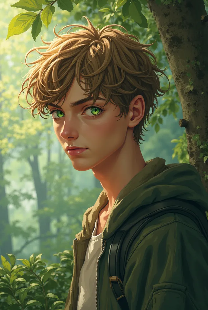 boy ager, age sixteen. his millet-colored hair flutters in the wind, he looks somewhere into the distane, his eyes are the color of green saphire. his background is forest.