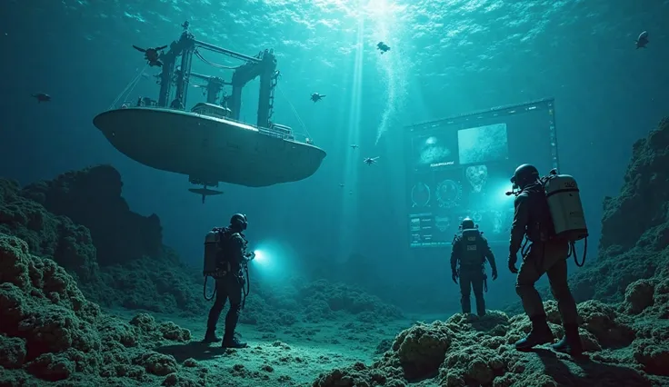 A captivating depiction of modern explorers and researchers searching for the lost city of Atlantis. In the foreground, deep-sea divers equipped with advanced technology scan the ocean floor, their flashlights illuminating ancient ruins covered in coral an...