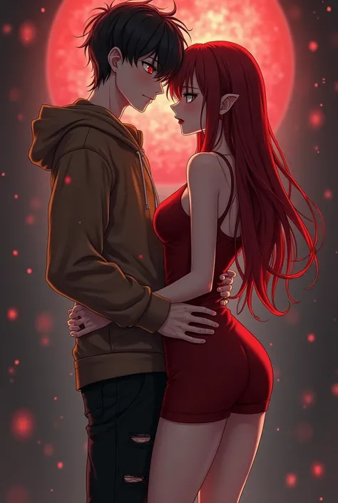 Make an anime an emo vampire man in a brown hoodie...  ripped black pants ,  slim body, red eyes and pale skin, Neutral but passionate expression. He's next to a woman who is his girlfriend, she has long blood-red hair, innocent face,  hourglass body ( med...