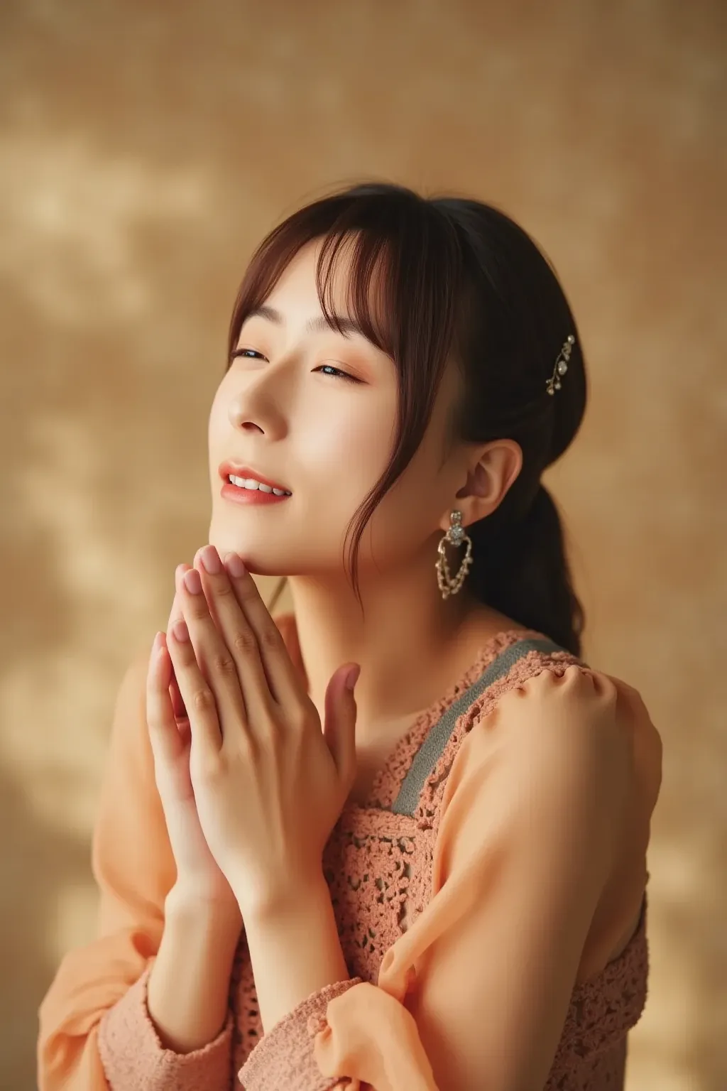 A serene portrait of a woman meditating with her eyes closed. She has a calm and peaceful expression, sitting in a relaxed posture. Soft natural lighting highlights her face, creating a tranquil and harmonious atmosphere. The background is blurred with war...