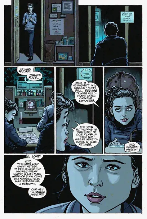 Page 3:

Panel 1: Sarah, looking determined, enters a dimly lit bar where she meets David, a skilled hacker who agrees to help her.

Panel 2: A montage sequence shows Sarah deep in her investigation—searching through online records, analyzing documents, an...