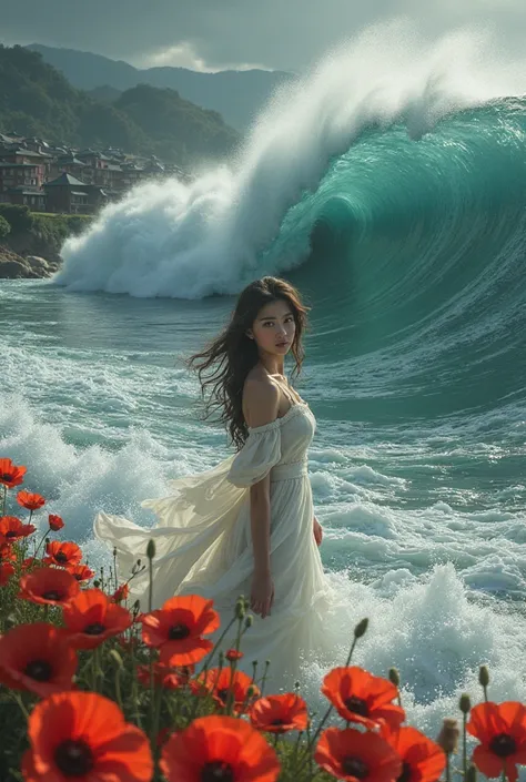 Une belle jeune femme dans une mer avec des coquelicots et un tsunami et part derrière des maisons et de l'orage 