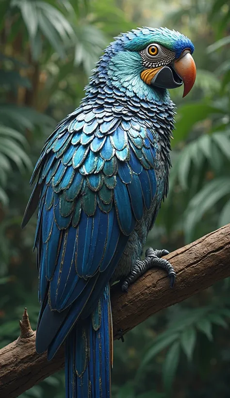 A breathtaking macaw parrot whose feathers are made entirely of flowing liquid metal. Its metallic body reflects its surroundings like a living mirror, with shifting silver and blue hues. The parrot’s beak glows with a polished chrome finish, and as it fla...