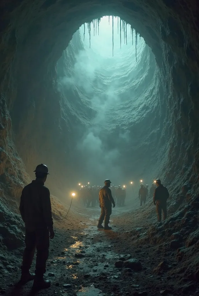 uranium mine cutting underground, in the ground, under the feet of the miners there is a large, exploded hole in the ground, miners around the hole, miners lean over the hole, they shine into the hole with their hand lamps , in the hole dense fog clumps, f...