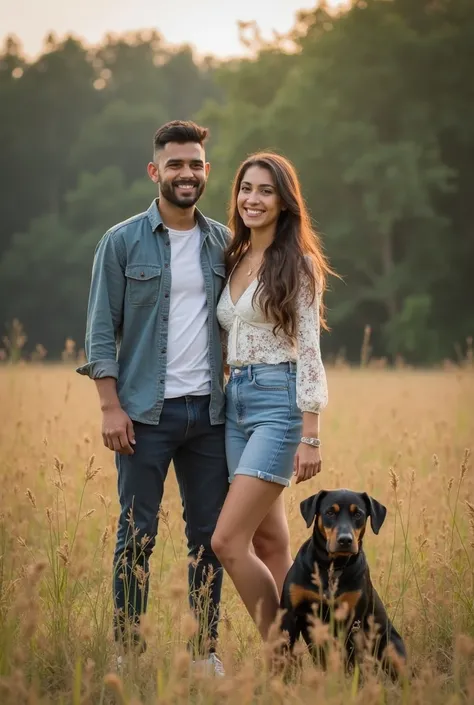 there are two people standing in a field with a dog, a picture inspired by Shaddy Safadi, instagram, sumatraism, couple, lovely couple, couple pose, happy couple, in front of a forest background, casual photography, scenary, full protrait, protrait, in the...