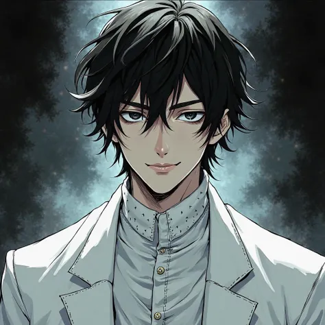 "A male character with thick, bold outlines, giving off a complex villain vibe similar to Johan Liebert. He has messy black hair and deep, piercing black eyes that exude an unsettling calmness. His expression is a charismatic yet eerie smile, subtly maskin...