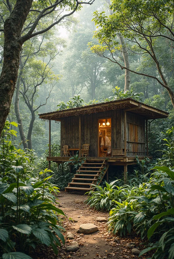 architectural image of a simple observation shed located in the Amazon rainforest to observe the animals that are there