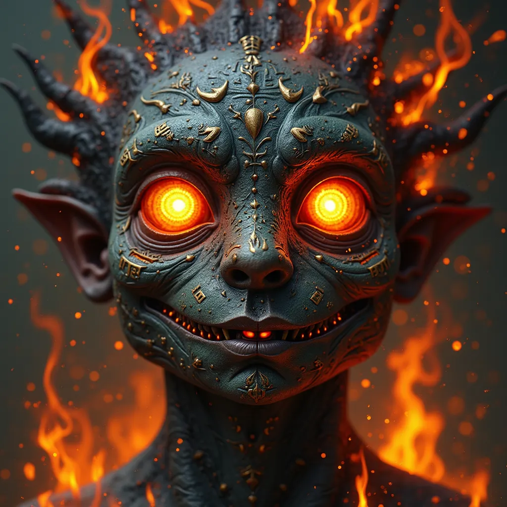 creates an image of a face of a being with big eyes of fire, It has no nose it is a membrane and the mouth is like a long smile like a cut to the ears, he has skin like volcanic rock with strange runes tattooed, He is surrounded by black flames that make h...