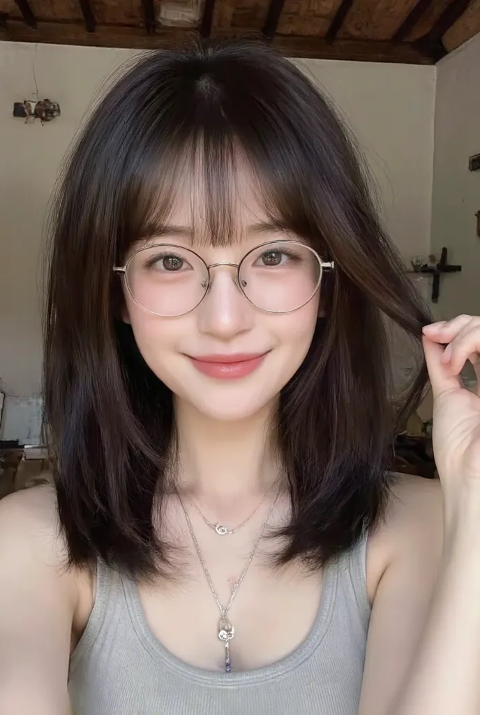 a photo taken with a standard Android phone of an chinese girl of a traditional Javanese house. she is taking selfie. (glasses, bangs , smile , adjusting side hair pose, necklaces, tanktop) . The image has natural lighting, slightly uneven exposure, and a ...