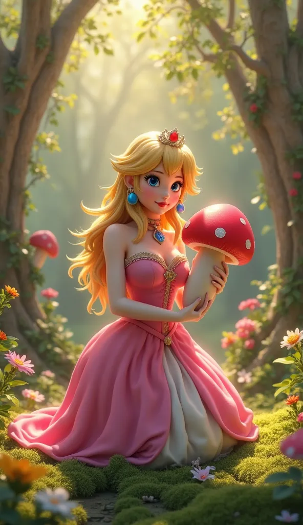 "Ultra-realistic Princess Peach in a whimsical yet elegant scene within a lush, magical forest. She is gracefully holding a large, elongated mushroom, its vibrant red and white colors contrasting beautifully with the soft greenery around her. The mushroom'...