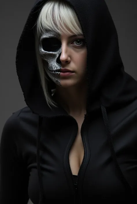 Beautiful Slavic woman de Ville with half skull. muscular. black clothing. white colored hair. Death Style. in the studio. studio light. athletic. Full-length. model pose, BLACK HOOD