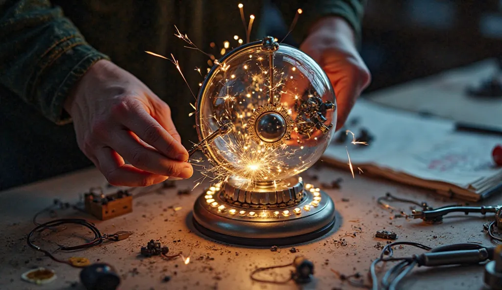 Close-up shots of hands assembling the EchoSphere. The frame is made of sleek metallic materials, with glowing touch pads being wired into place. Sparks fly as components are connected, and the sphere begins to light up. The workspace is cluttered with too...