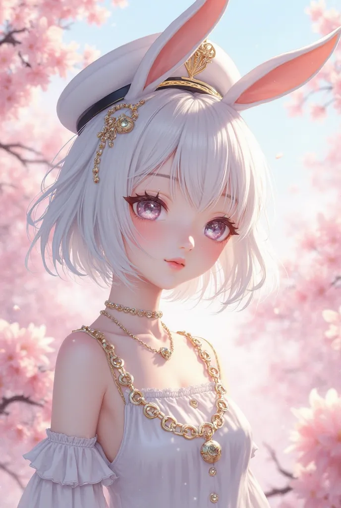 Anime girl with short white hair,  Top blanco, white captain's hat with chains tilted forward and white rabbit ears, and white arm warmers, And with the landscape of Ceresos 

