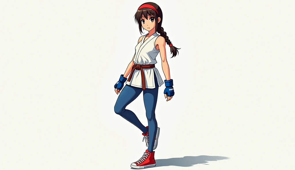 full body image of a beautiful young athletic girl of medium height, with a slender but muscular figure, reflecting his martial arts training,dark brown or brown hair with a long braid , Big, Expressive Eyes ,tight blue tights on her legs,a white karate gi...