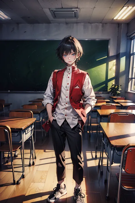 Wide full-body view, a man standing with his hands on a desk, 8K resolution, high detail, around 20 years old, (one male:1.5), black hair, long bangs:1.5, parallel eyebrows, sanpaku eyes, droopy eyes, dark red eyes, student-like attire, white shirt, dark r...