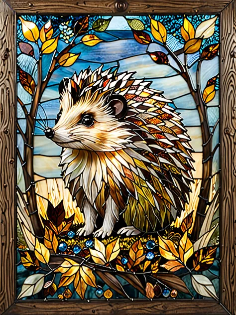 "A stunning stained-glass artwork featuring a single, adorable hedgehog as the focal point. The hedgehog gazes forward with big, expressive eyes, radiating curiosity and warmth. Its quills are intricately detailed, appearing sharp and lifelike with natural...