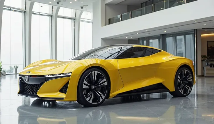 Here is the image of a 2025 Honda Prelude Hybrid in shiny Yellow, showcased in a modern showroom with a Right view. Let me know if you need any adjustments