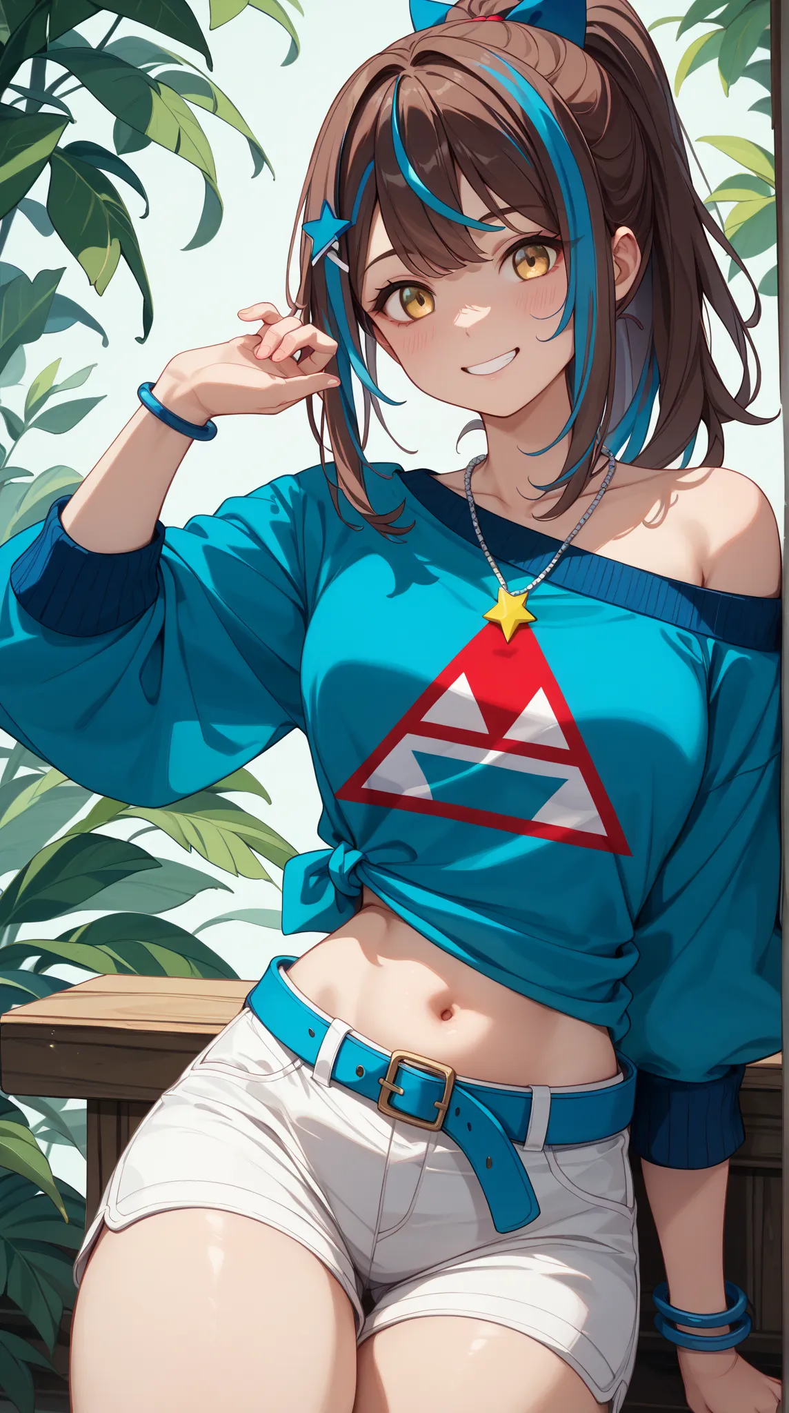 1 girl、Red dark brown hair、((blue streaked hair)), (blue highlights hair)、 star-shaped hairpin with bangs split to the right、 gal、((blue off-the-shoulder shirt))、(( White Hot Pants))、((white shorts))、square necklace、Fluorescent light blue ribbon ring on ri...