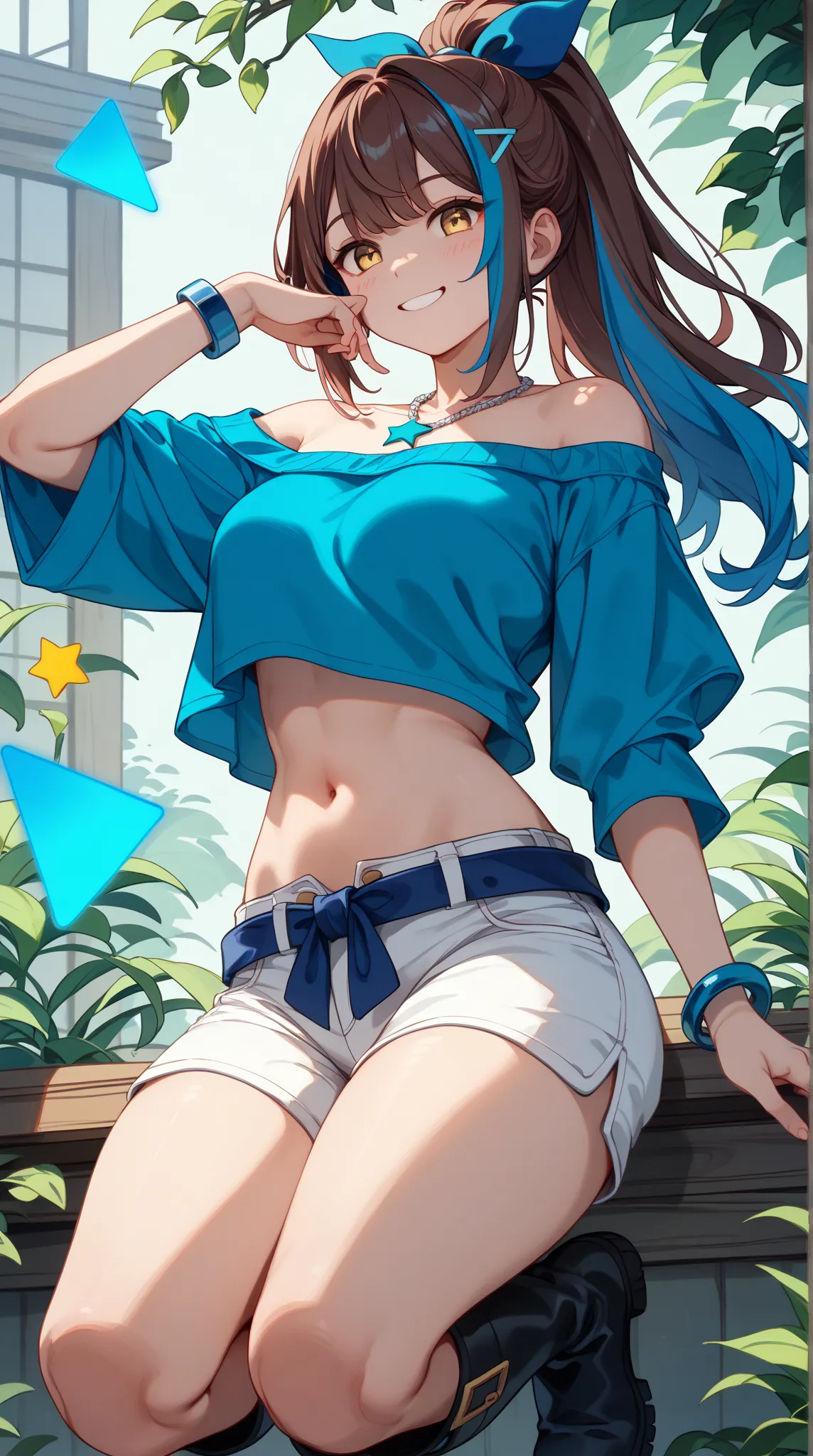 1 girl、Red dark brown hair、((blue streaked hair)), (blue highlights hair)、 star-shaped hairpin with bangs split to the right、 gal、((blue off-the-shoulder shirt))、(( White Hot Pants))、((white shorts))、square necklace、Fluorescent light blue ribbon ring on ri...