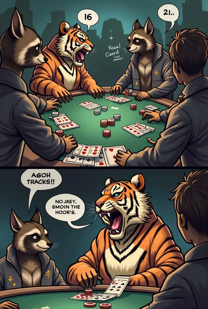 Scene 3: The Dealer’s Turn**
- The dealer reveals their hidden card: a 10, totaling 16. They draw another card: a 5, busting with 21.
- The tiger roars triumphantly, his chips being pushed toward him as the crowd cheers.
- A raccoon pit boss watches from t...