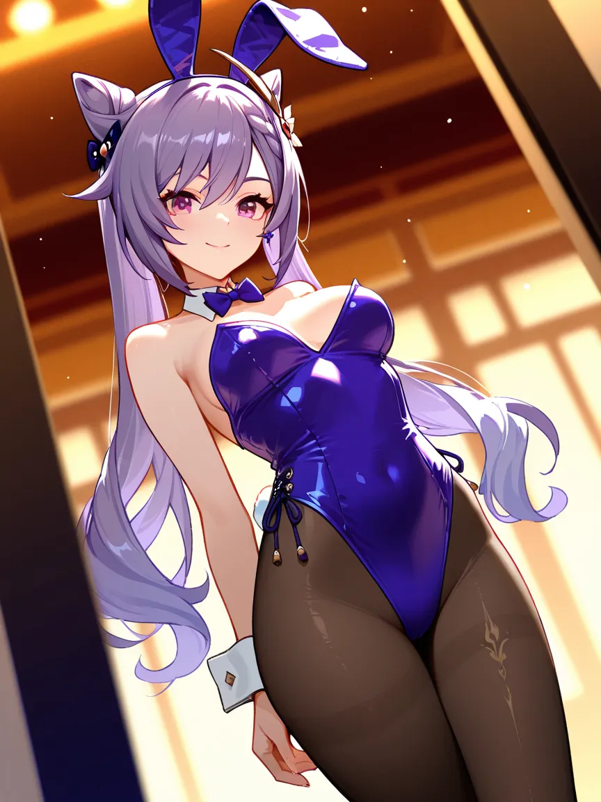 8k,masterpiece, best quality, ultra detailed, high resolution, super fine illustration,Keqing (Genshin impact), 1girl, solo, smile,purple eyes, purple hair, cone hair bun, double bun, braided bangs, long hair, medium breasts, fake rabbit ears, playboy bunn...