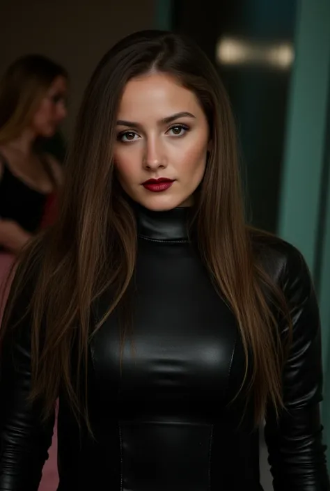 RAW Photo of Slavic woman in her 35s, (long light brown straight hair, pale skin), Perfect skin quality，dark red lipstick, black leather sexy clothes, hyperrealistic skin, art photography, Cinematic Lighting, Nikon D850, camera f1.6 lens ,hyper realistic ,...