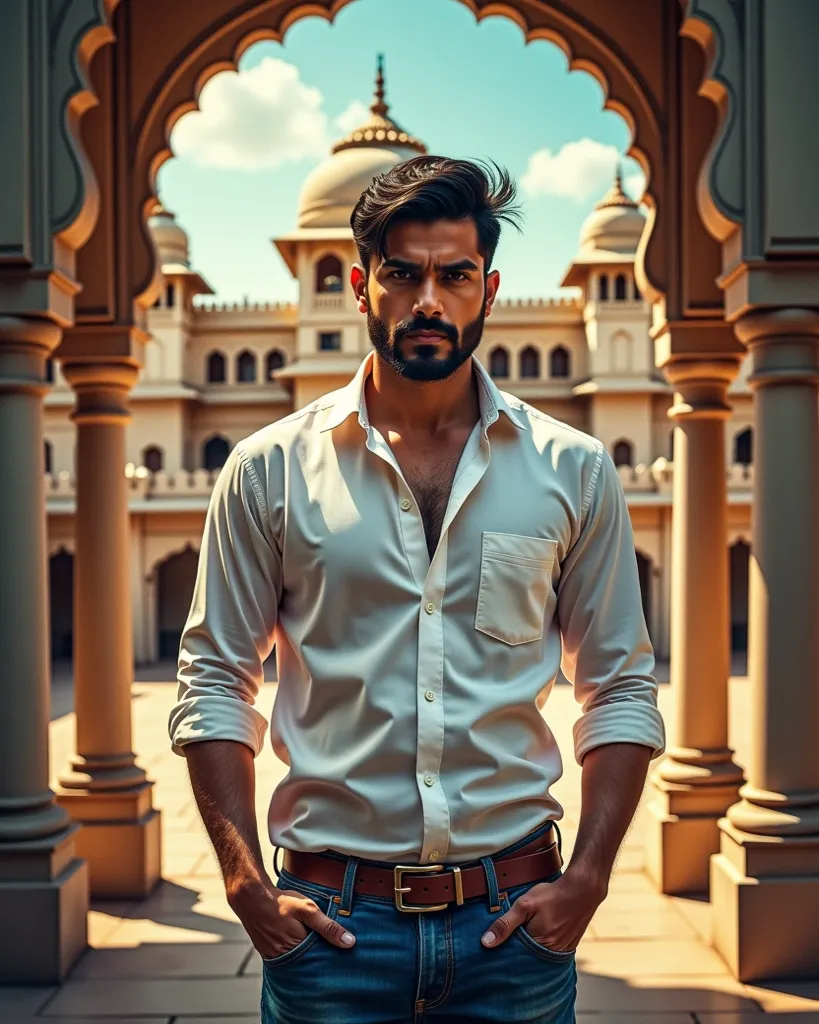 Create a dramatic Bollywood movie poster featuring a high-stakes family rivalry. In the background, showcase a grand Rajasthani haveli, symbolizing wealth and heritage. In the foreground, place Vansh (24-year-old hero) at the center, slightly turned to the...