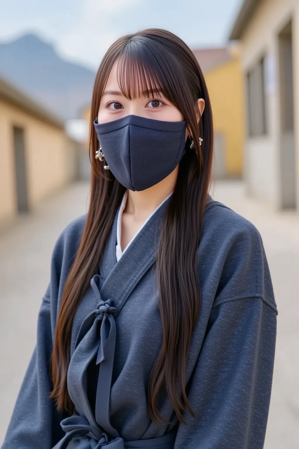 {
"prompt": "A portrait of a kunoichi (female ninja) from the Sengoku period in Japan. She is wearing traditional ninja attire, including a dark, form-fitting kimono with a hood, and a belt carrying small weapons like shuriken and a kunai. Her face is part...