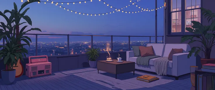 Rooftop at night、nighttime scene、outside of house、with no people、Calm and meditative atmosphere、houseplant、Lo-fi atmosphere、String Light、Cozy sofa、Pink radio with retro design、Hot coffee on the coffee table、Warm blanket、 books、There is an acoustic guitar、